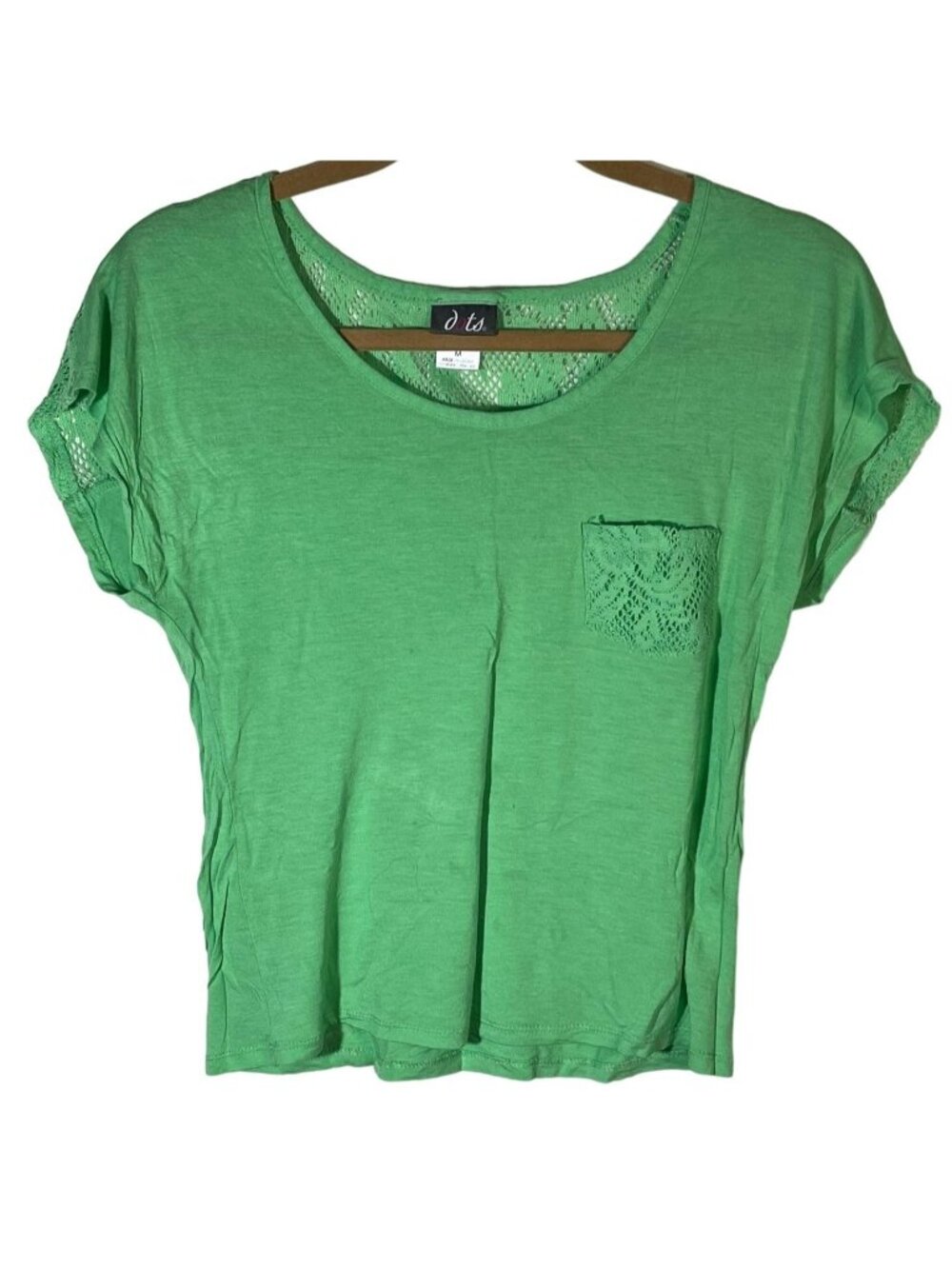 Dots short sleeve shirt lace pocket green polyester medium bust 18" READ